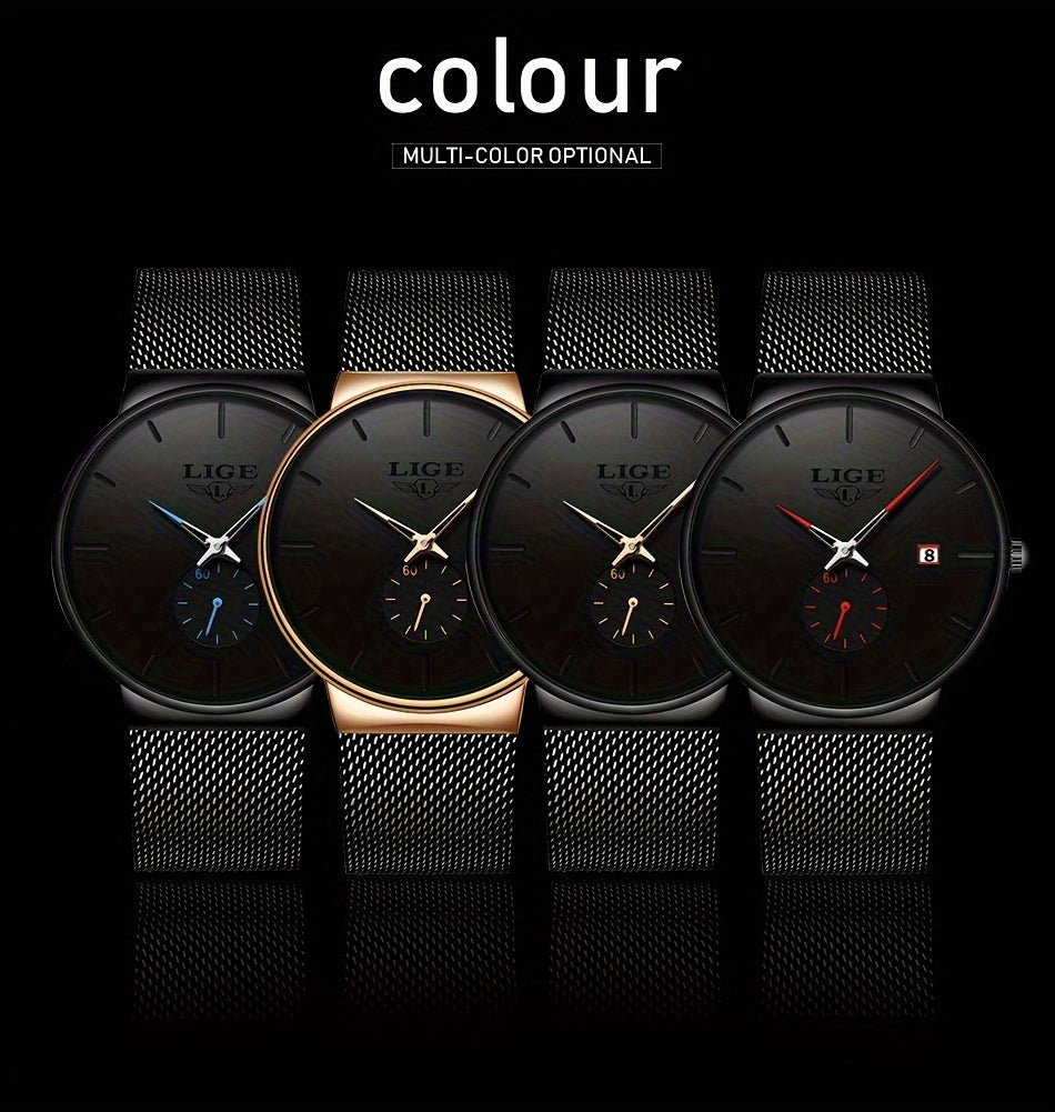 Montre LIGE tendance noire avec aiguille colorée, montre de sport décontractée