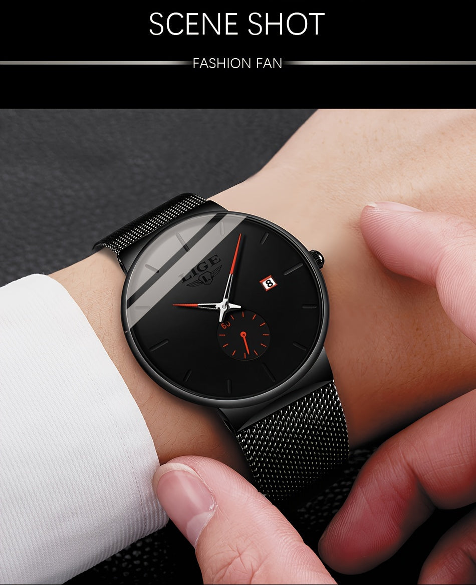 Montre LIGE tendance noire avec aiguille colorée, montre de sport décontractée