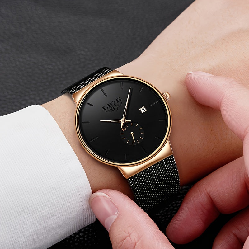 Montre LIGE tendance noire avec aiguille colorée, montre de sport décontractée