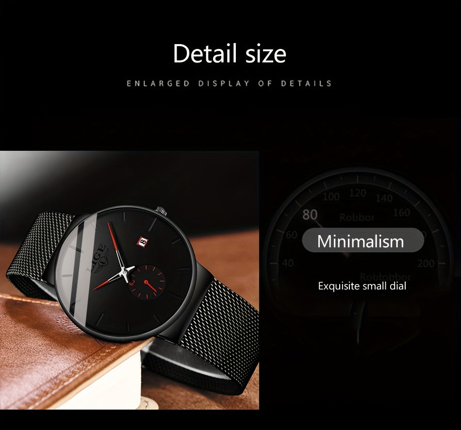 Montre LIGE tendance noire avec aiguille colorée, montre de sport décontractée