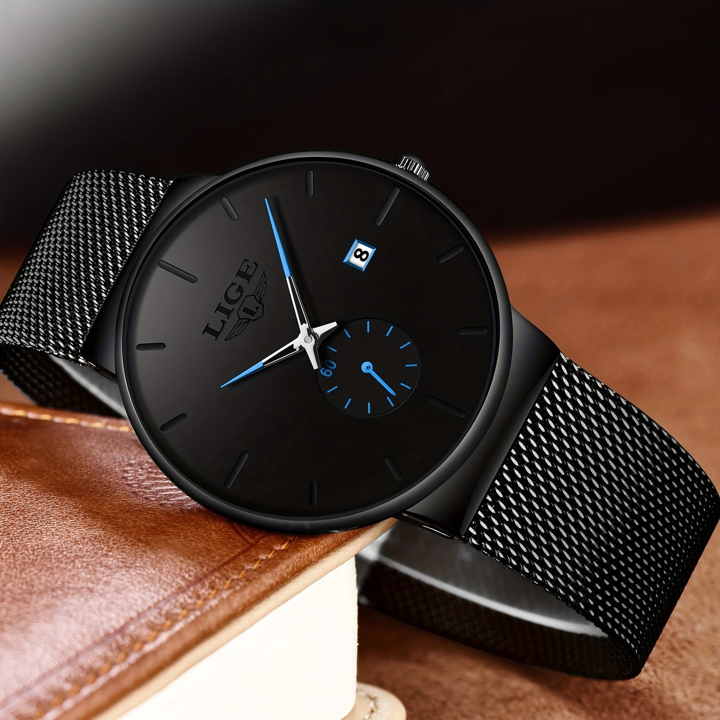 Montre LIGE tendance noire avec aiguille colorée, montre de sport décontractée