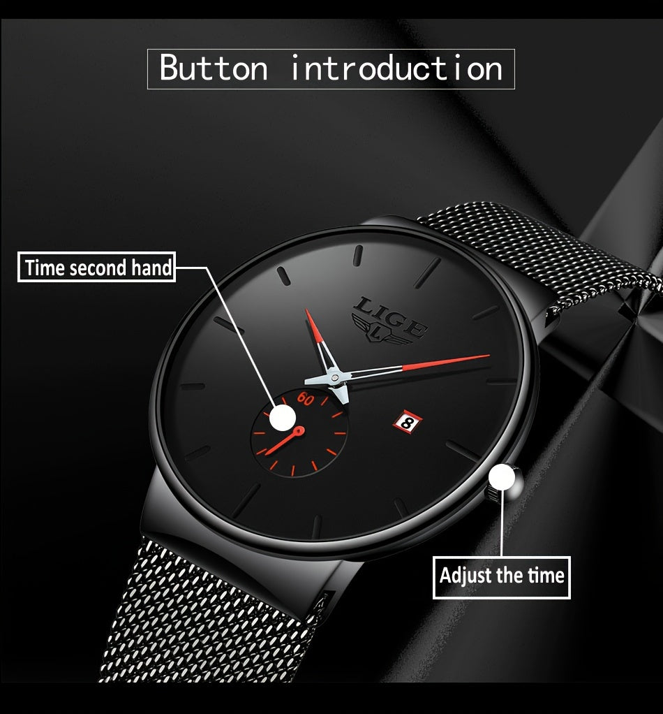 Montre LIGE tendance noire avec aiguille colorée, montre de sport décontractée