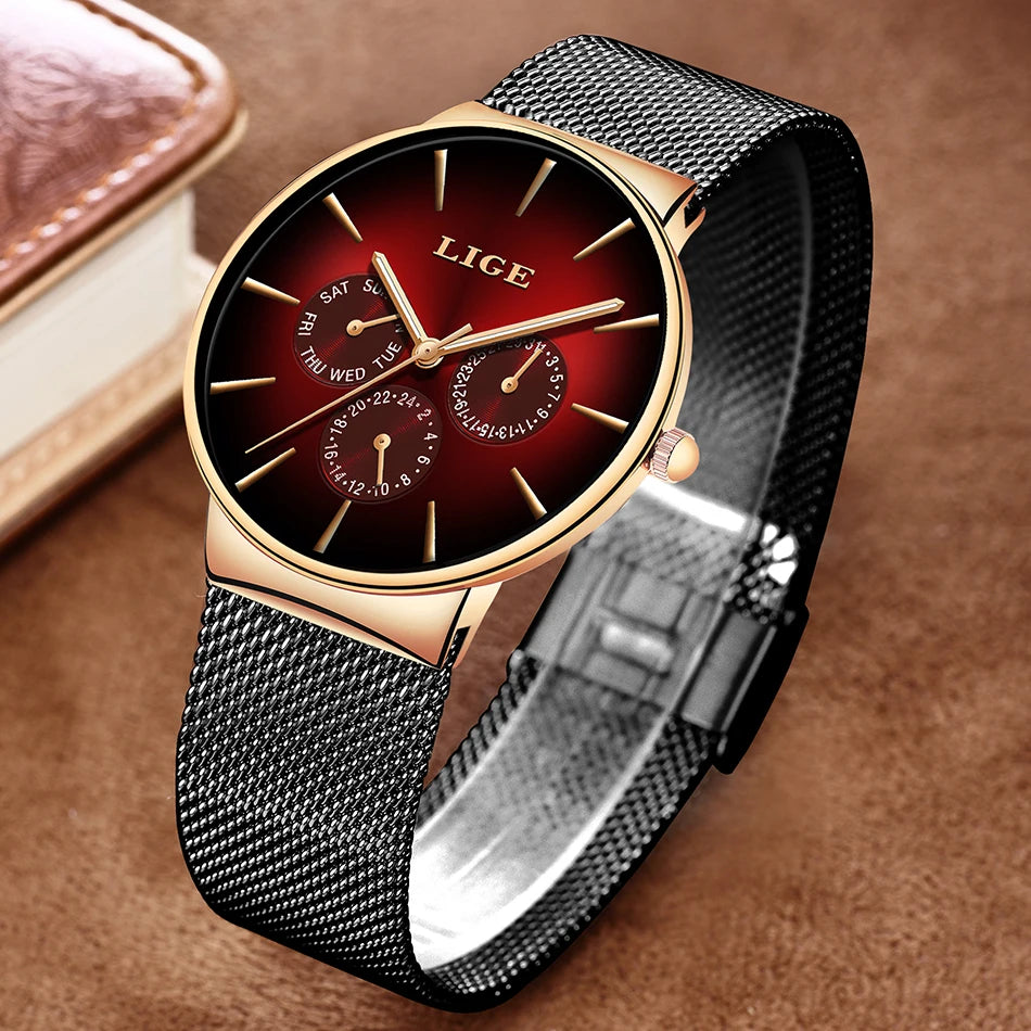 Nouvelles montres LIGE pour hommes, montre à quartz de luxe de marque supérieure, montre-bracelet en acier à mailles, étanche, ultra-mince