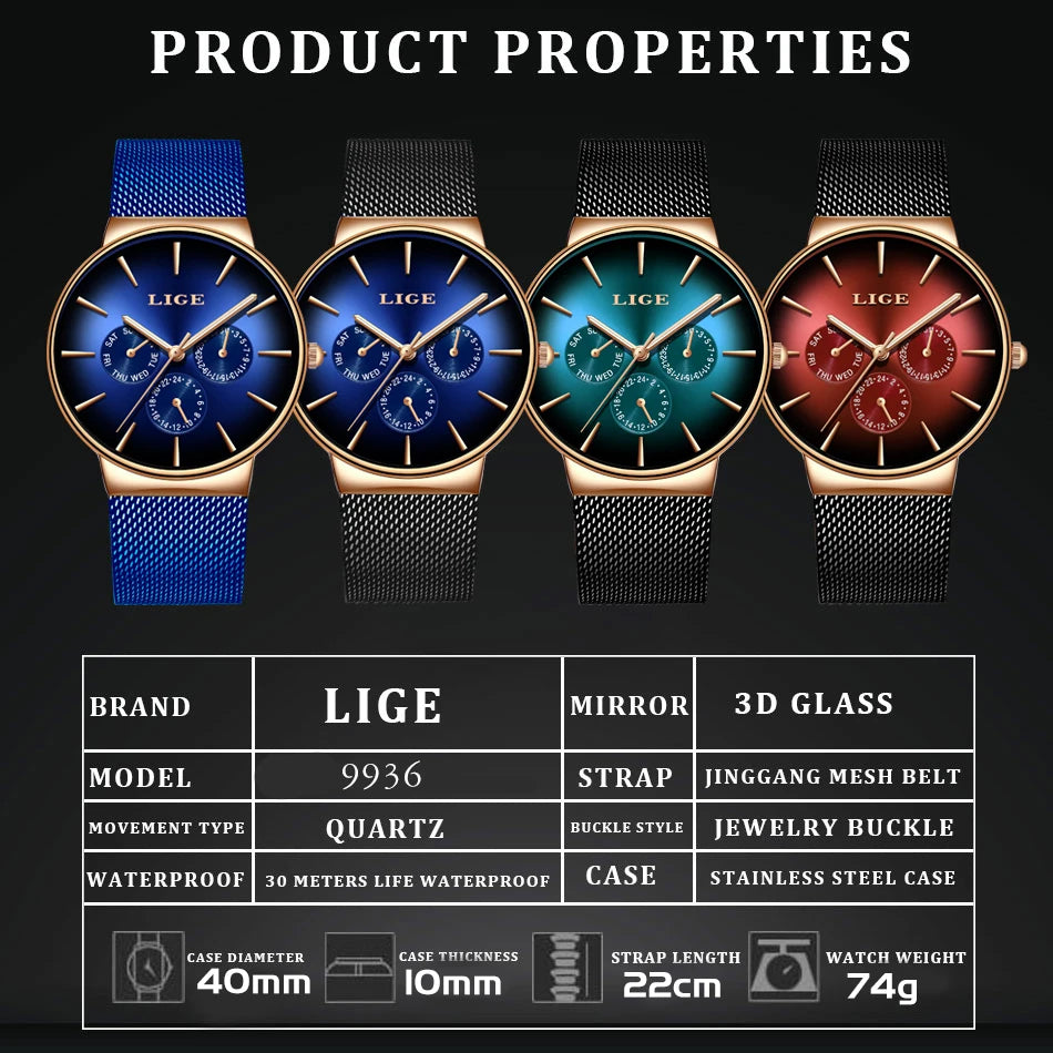 Nouvelles montres LIGE pour hommes, montre à quartz de luxe de marque supérieure, montre-bracelet en acier à mailles, étanche, ultra-mince