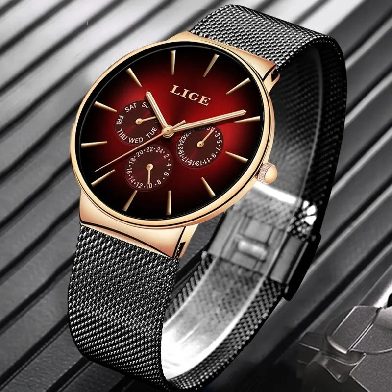 Nouvelles montres LIGE pour hommes, montre à quartz de luxe de marque supérieure, montre-bracelet en acier à mailles, étanche, ultra-mince