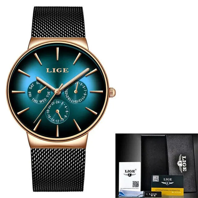 Nouvelles montres LIGE pour hommes, montre à quartz de luxe de marque supérieure, montre-bracelet en acier à mailles, étanche, ultra-mince