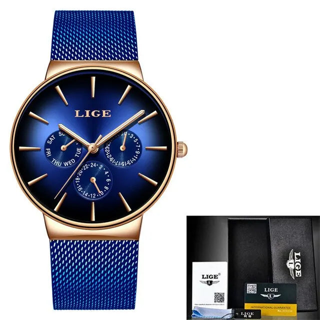 Nouvelles montres LIGE pour hommes, montre à quartz de luxe de marque supérieure, montre-bracelet en acier à mailles, étanche, ultra-mince