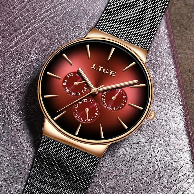 Nouvelles montres LIGE pour hommes, montre à quartz de luxe de marque supérieure, montre-bracelet en acier à mailles, étanche, ultra-mince