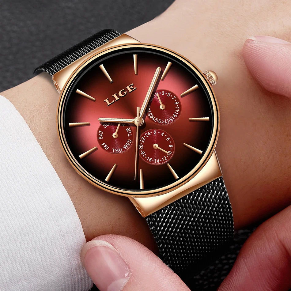 Nouvelles montres LIGE pour hommes, montre à quartz de luxe de marque supérieure, montre-bracelet en acier à mailles, étanche, ultra-mince