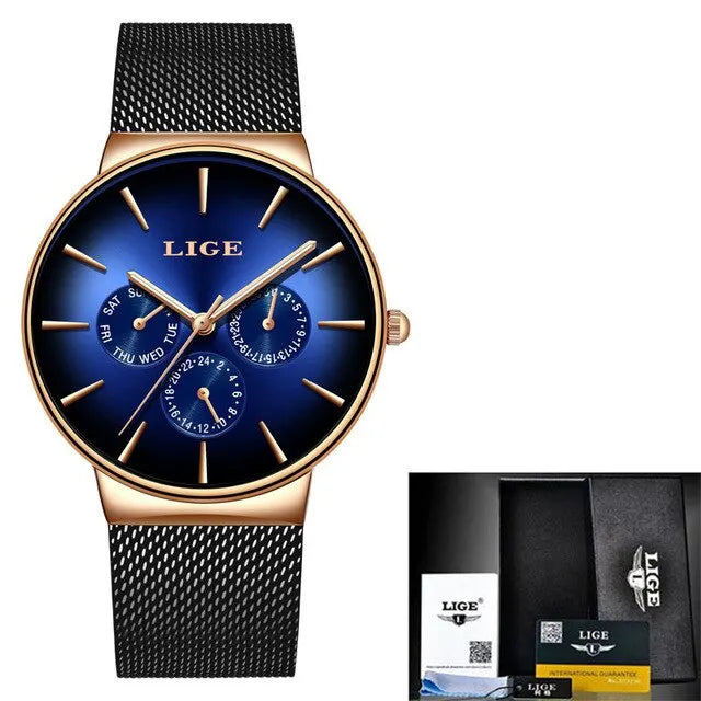 Nouvelles montres LIGE pour hommes, montre à quartz de luxe de marque supérieure, montre-bracelet en acier à mailles, étanche, ultra-mince