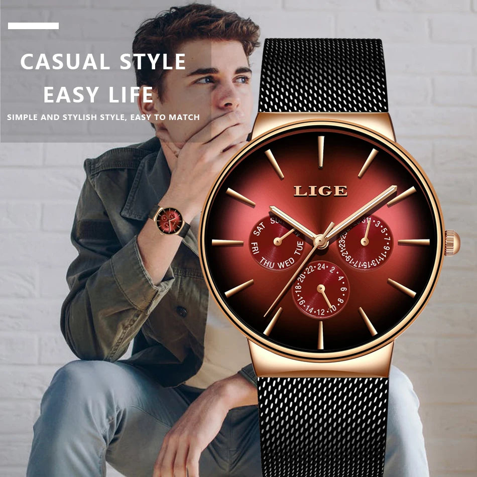 Nouvelles montres LIGE pour hommes, montre à quartz de luxe de marque supérieure, montre-bracelet en acier à mailles, étanche, ultra-mince
