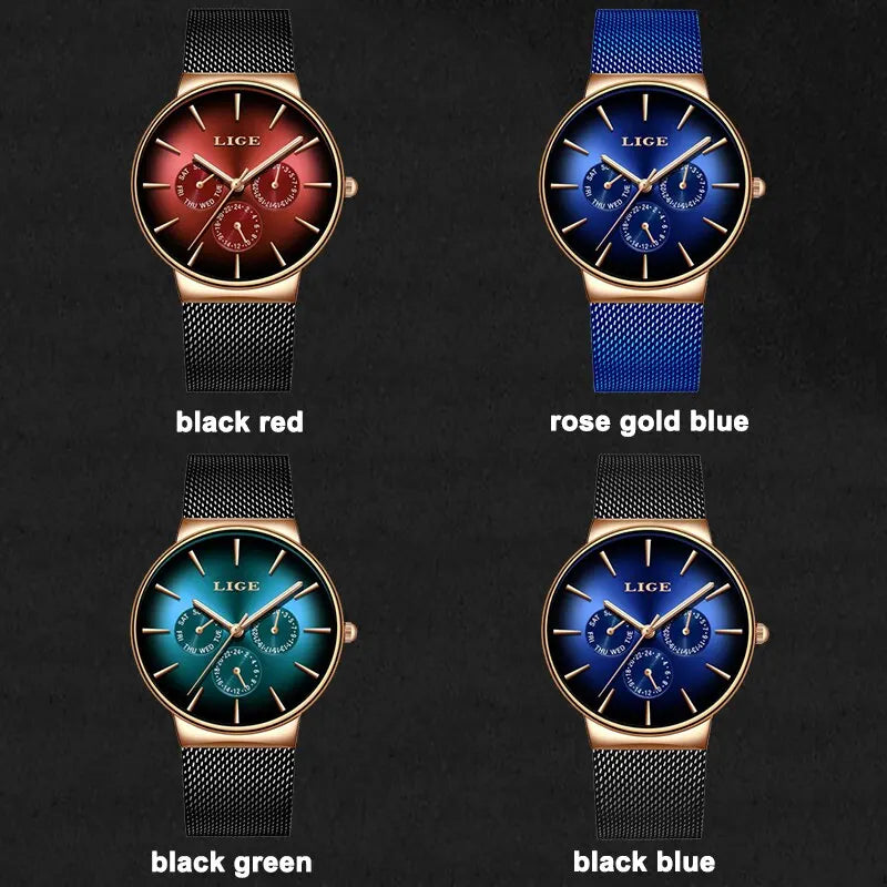 Nouvelles montres LIGE pour hommes, montre à quartz de luxe de marque supérieure, montre-bracelet en acier à mailles, étanche, ultra-mince