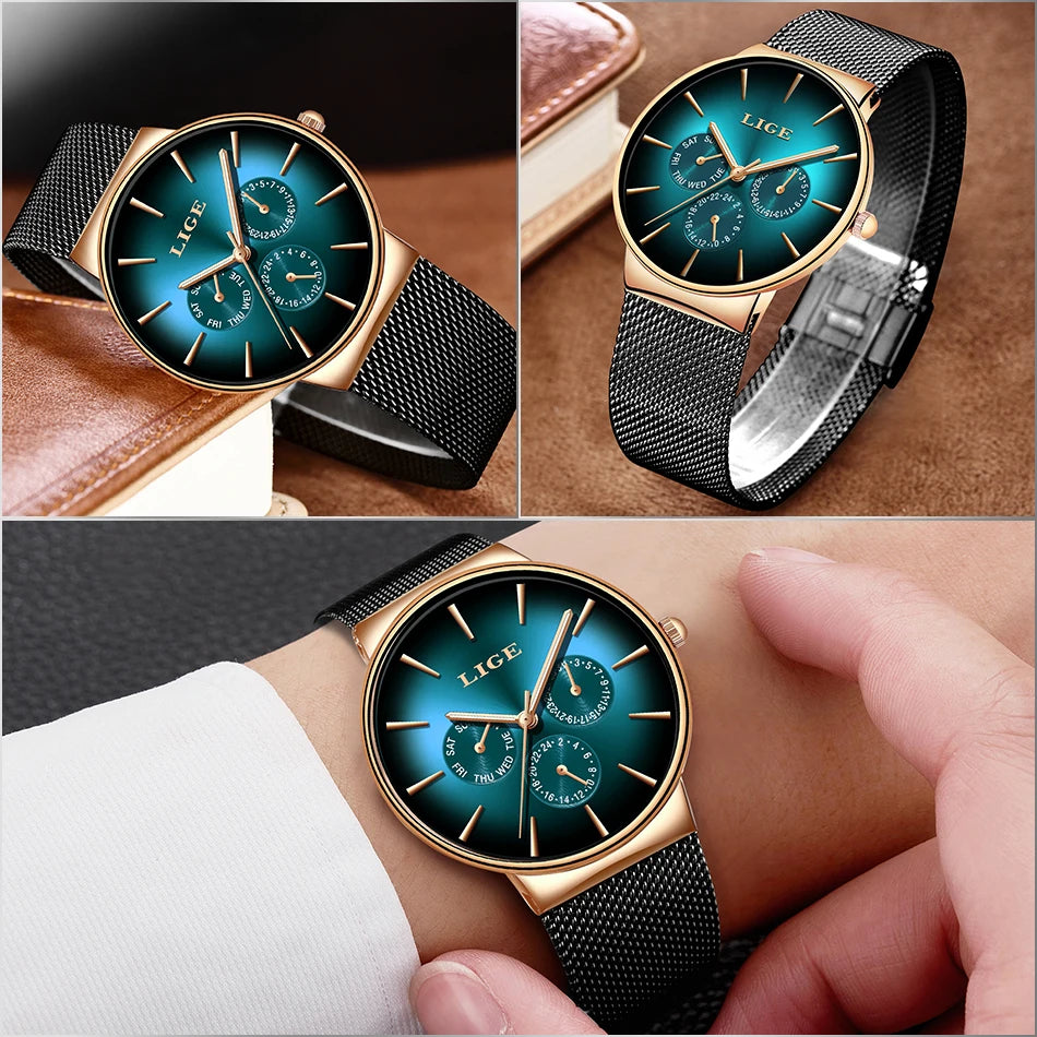 Nouvelles montres LIGE pour hommes, montre à quartz de luxe de marque supérieure, montre-bracelet en acier à mailles, étanche, ultra-mince