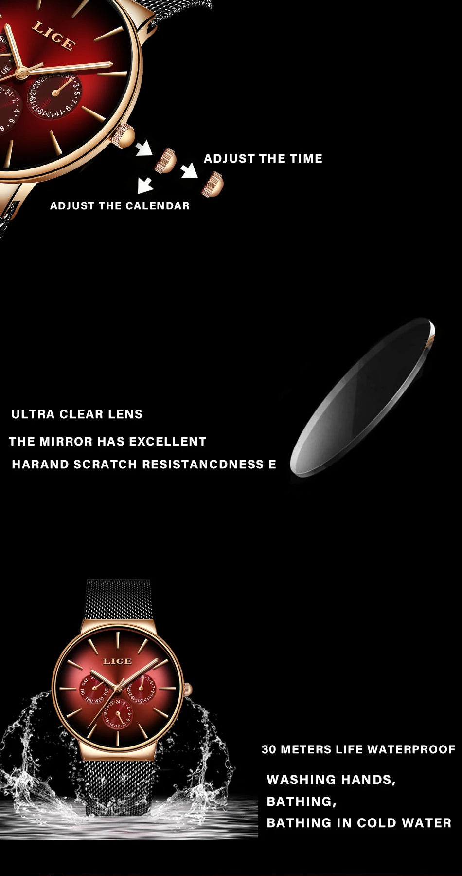 Nouvelles montres LIGE pour hommes, montre à quartz de luxe de marque supérieure, montre-bracelet en acier à mailles, étanche, ultra-mince