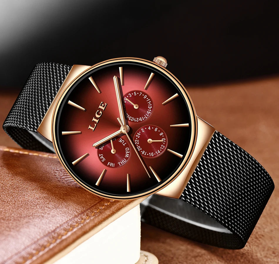 Nouvelles montres LIGE pour hommes, montre à quartz de luxe de marque supérieure, montre-bracelet en acier à mailles, étanche, ultra-mince