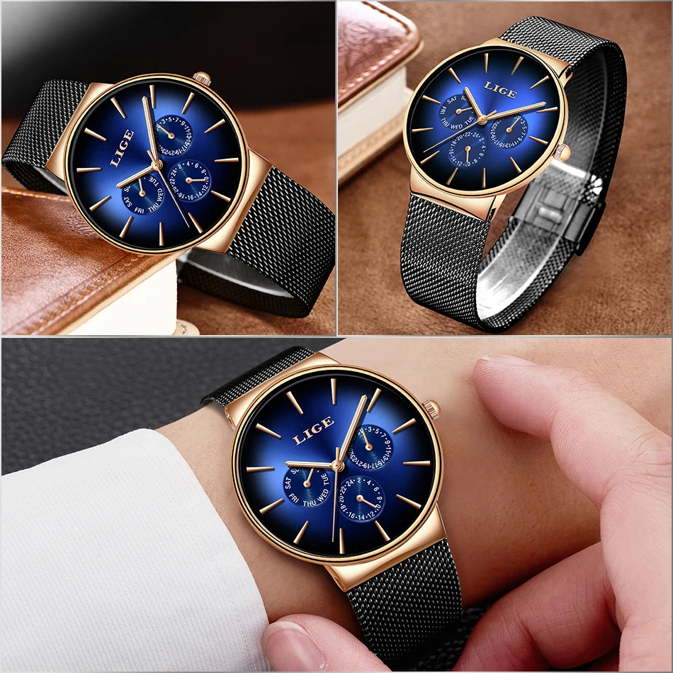 Nouvelles montres LIGE pour hommes, montre à quartz de luxe de marque supérieure, montre-bracelet en acier à mailles, étanche, ultra-mince