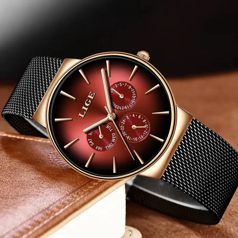 Nouvelles montres LIGE pour hommes, montre à quartz de luxe de marque supérieure, montre-bracelet en acier à mailles, étanche, ultra-mince