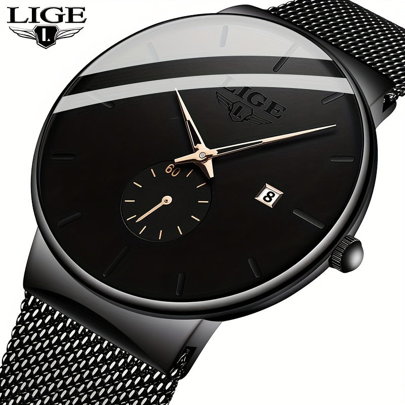 Montre LIGE tendance noire avec aiguille colorée, montre de sport décontractée