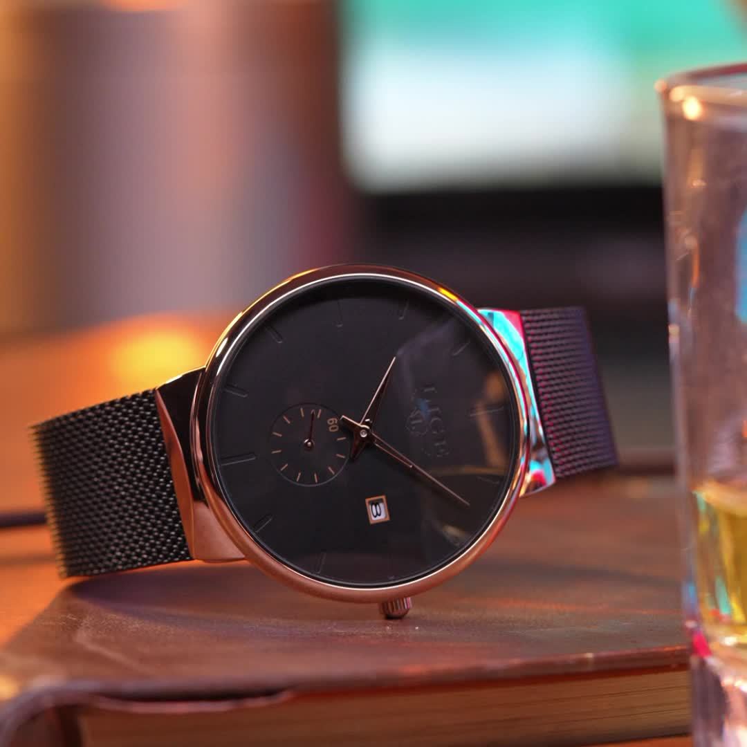Montre LIGE tendance noire avec aiguille colorée, montre de sport décontractée