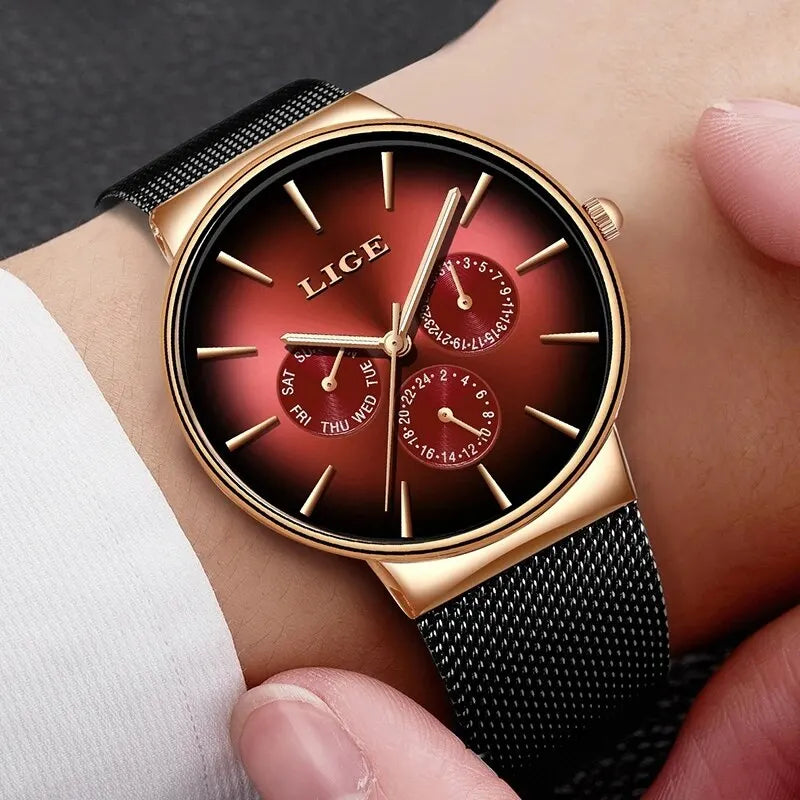 Nouvelles montres LIGE pour hommes, montre à quartz de luxe de marque supérieure, montre-bracelet en acier à mailles, étanche, ultra-mince