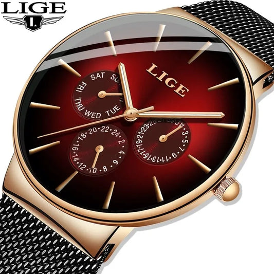 Nouvelles montres LIGE pour hommes, montre à quartz de luxe de marque supérieure, montre-bracelet en acier à mailles, étanche, ultra-mince